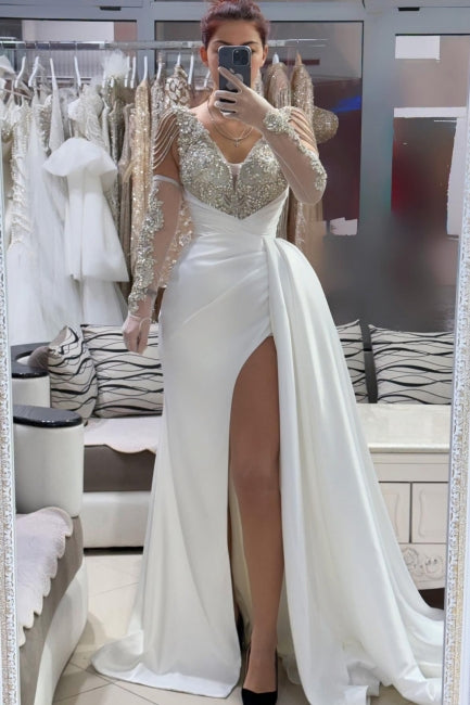 Dreamyannie Ivory Wedding Dress A Line V Neck Beaded Front Slit Panel Train Satin Formal Dress