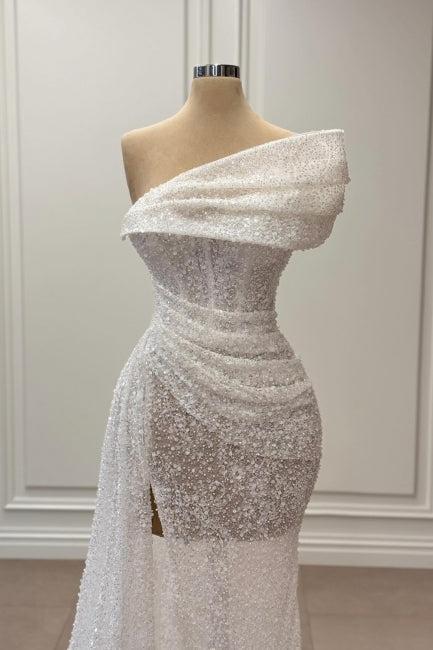 Dreamyannie Ivory Wedding Dress Mermaid One Shoulder Sleeveless Sequined Panel Train Tulle Formal Dress With Slit