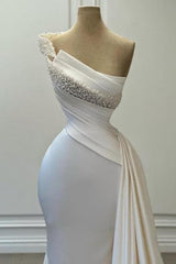Dreamyannie Ivory Wedding Dress Mermaid Strapless One Shoulder Beaded Satin Panel Train Formal Dress