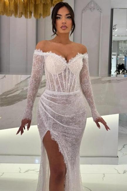 Dreamyannie Ivory Wedding Dress Mermaid Sweetheart Off The Shoulder Sequined Lace Formal Dress With Slit