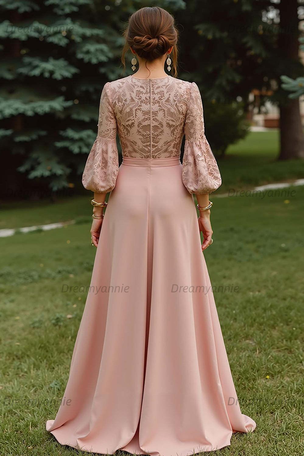Dreamyannie Lace Dusty Rose Puff Sleeves A Line Floor Length Mother Of The Bride Dress