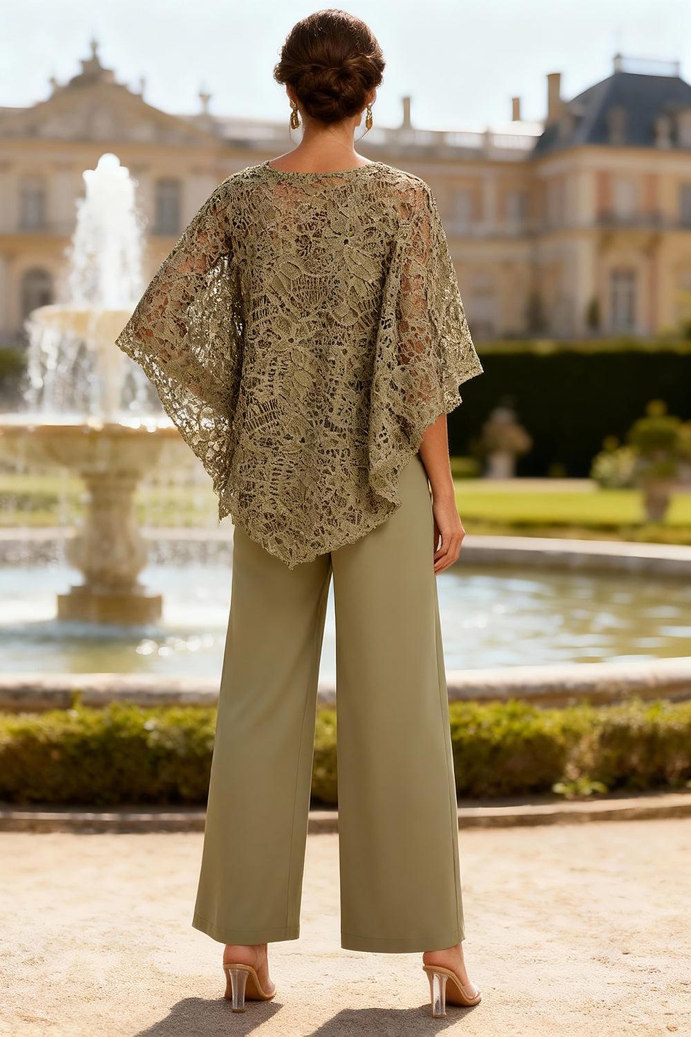 Dreamyannie Lace Dusty Sage Boat Neck 2 Piece Mother Of The Bride Pant Suits