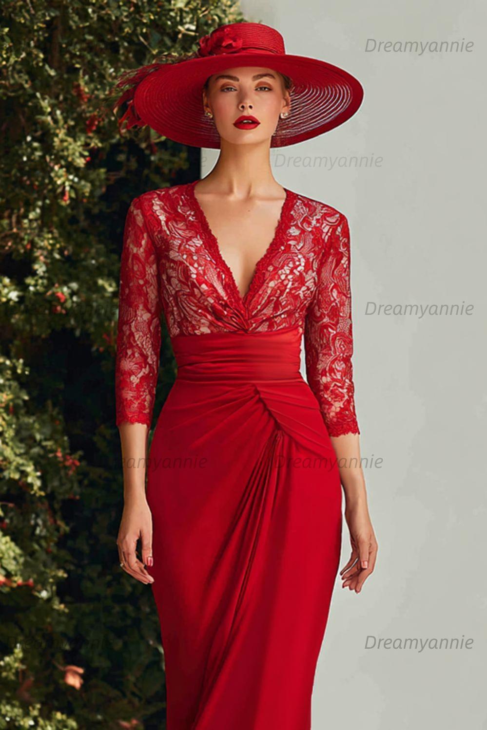 Dreamyannie Lace Red V Neck Mermaid Long Mother Of The Bride Dress With Sleeves