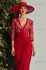 Dreamyannie Lace Red V Neck Mermaid Long Mother Of The Bride Dress With Sleeves