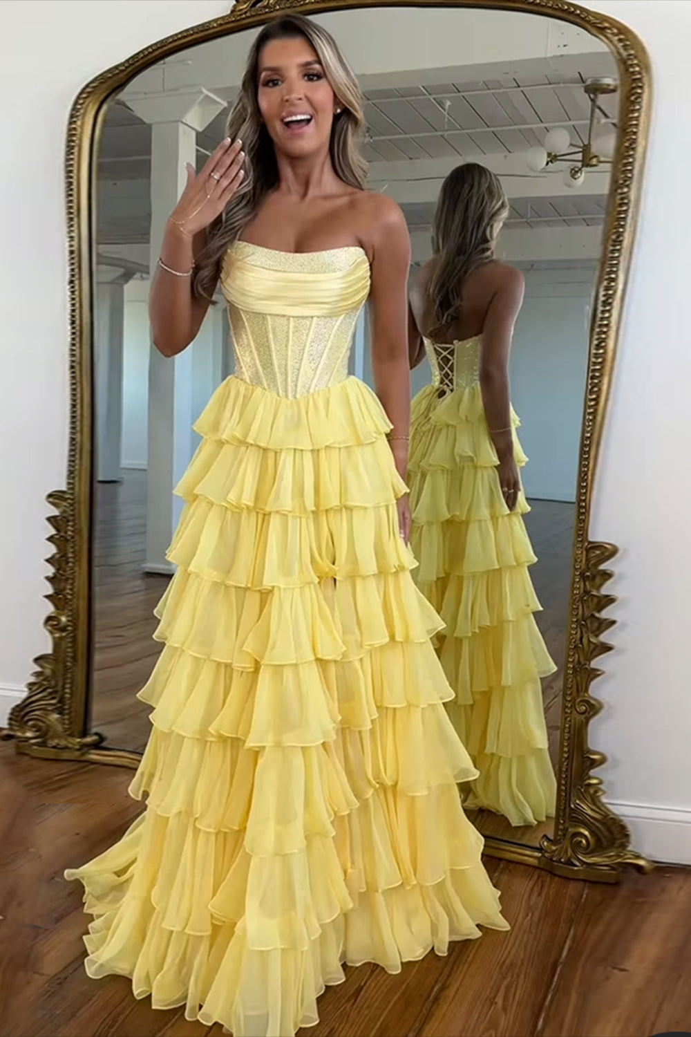 Dreamyannie Lavender Prom Dress A Line Strapless Corset Long Chiffon Formal Dress With Slit