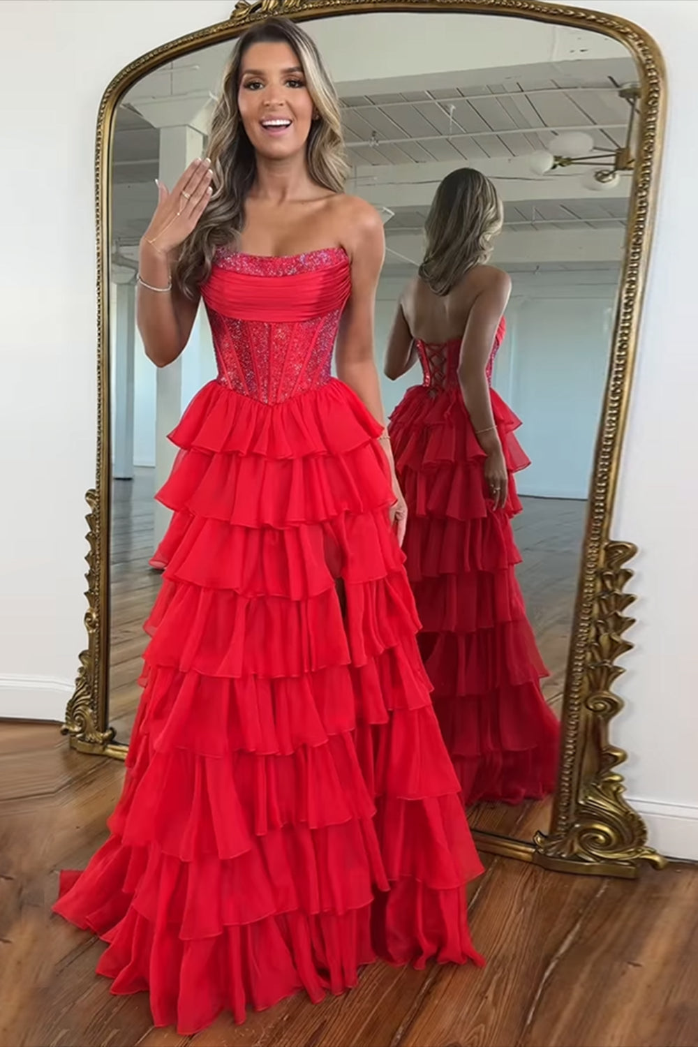 Dreamyannie Lavender Prom Dress A Line Strapless Corset Long Chiffon Formal Dress With Slit