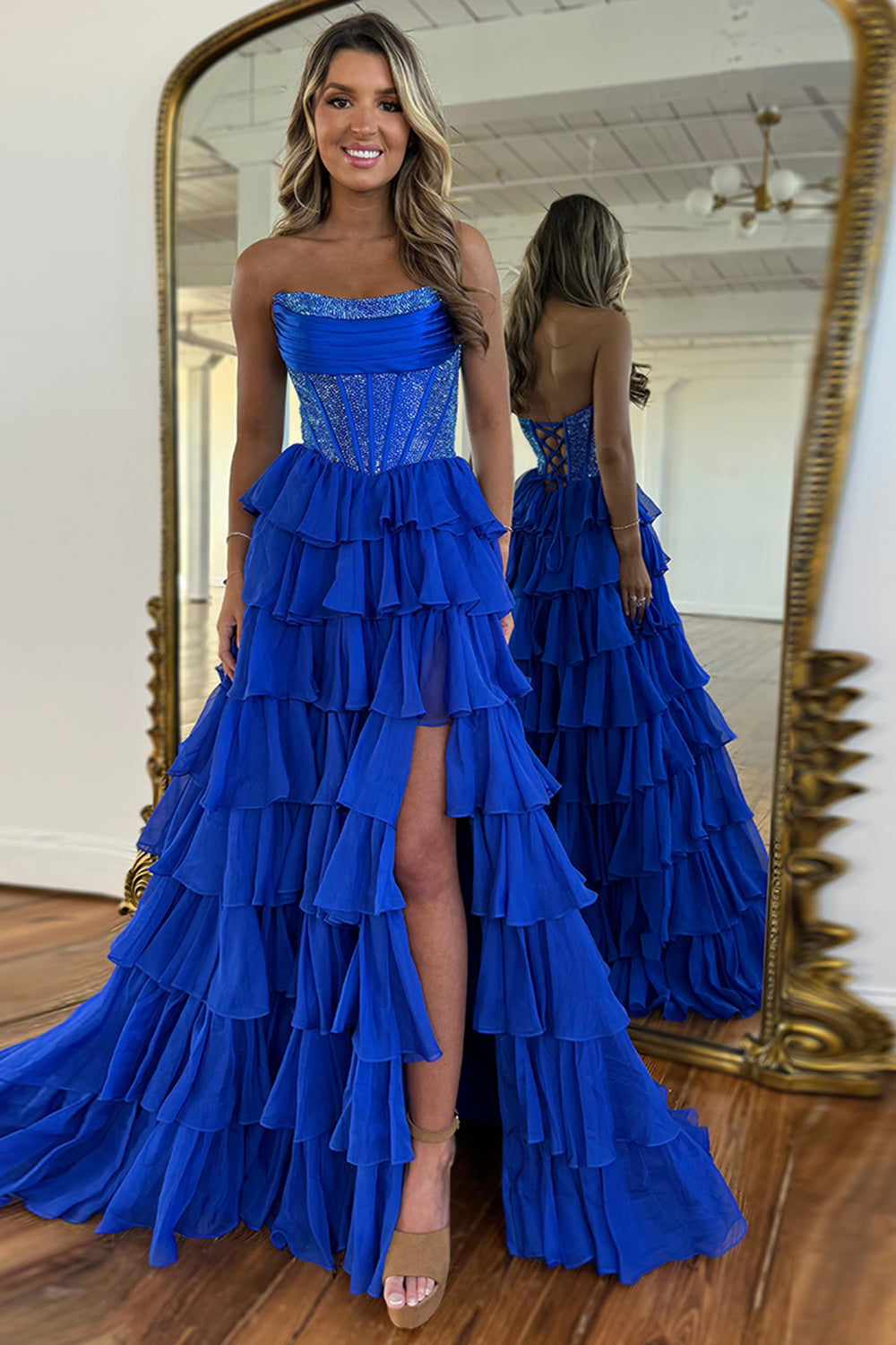 Dreamyannie Lavender Prom Dress A Line Strapless Corset Long Chiffon Formal Dress With Slit