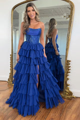 Dreamyannie Lavender Prom Dress A Line Strapless Corset Long Chiffon Formal Dress With Slit