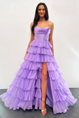 Dreamyannie Lavender Prom Dress A Line Strapless Corset Long Chiffon Formal Dress With Slit