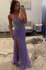 Dreamyannie Lavender Prom Dress Mermaid Strapless Long Formal Dress With Slit