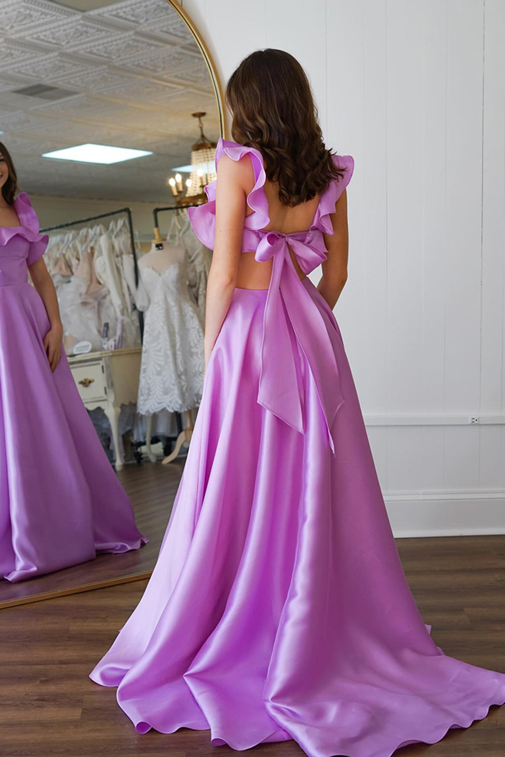 Dreamyannie Lavender Prom Dress Square Neck A Line Formal Dress With Ruffled Sleeves