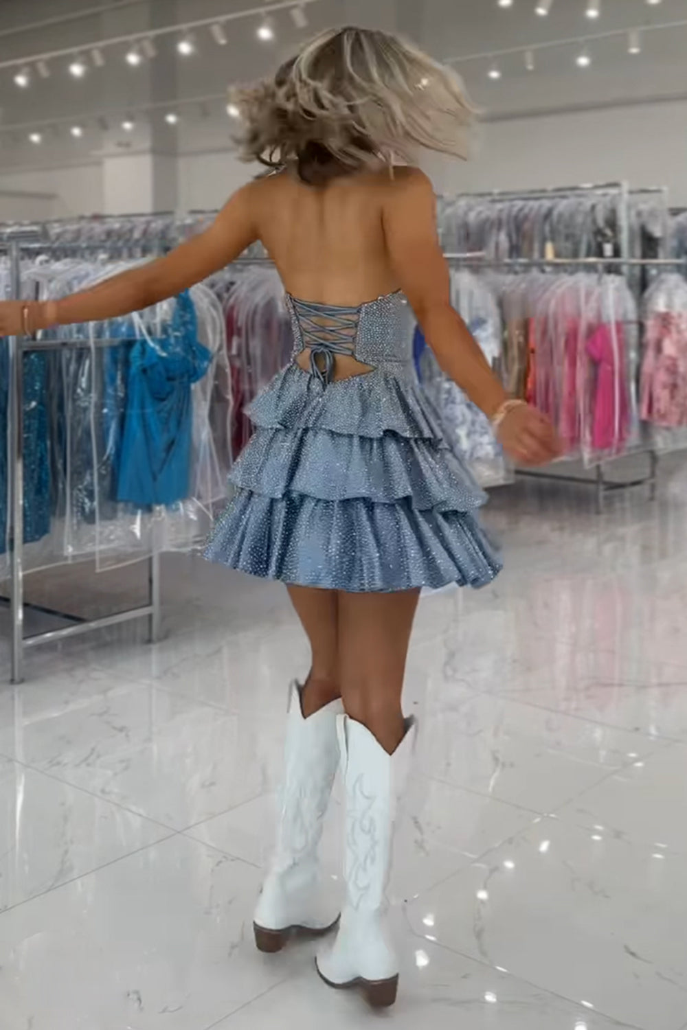 Dreamyannie Light Blue A Line Homecoming Dresses Tiered Short Cocktail Dresses With Beading