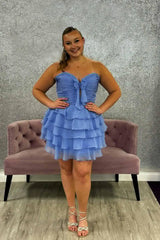 Dreamyannie Light Blue A Line Homecoming Dresses Tulle Sweetheart Tiered Cocktail Dresses