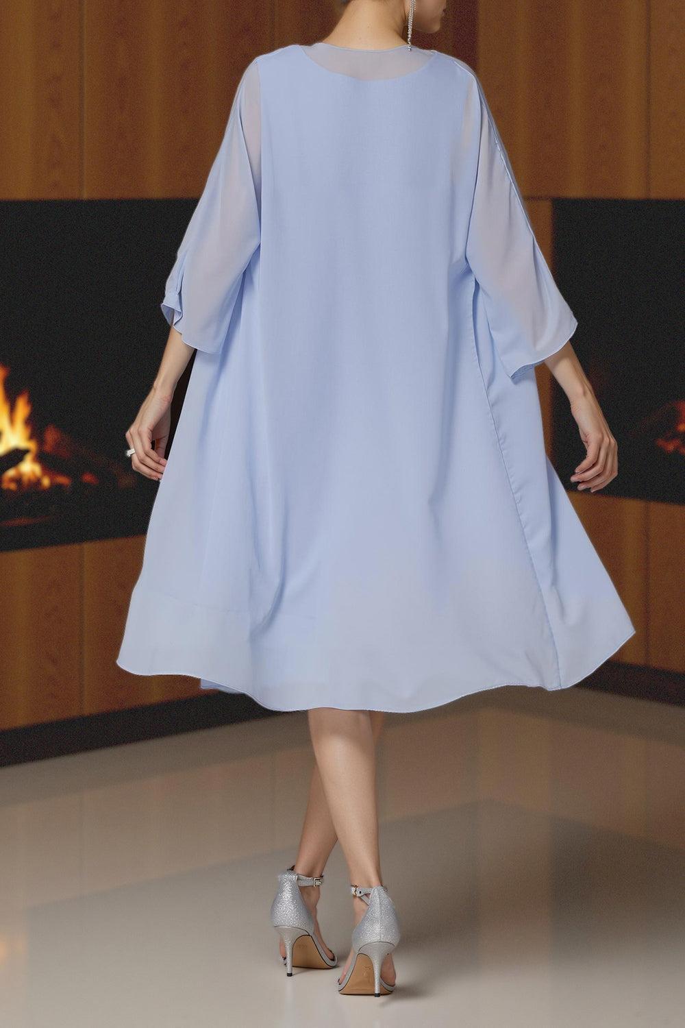 Dreamyannie Light Blue Chiffon Boat Neck Midi 2 Piece Mother Of The Bride Dress With Jacket