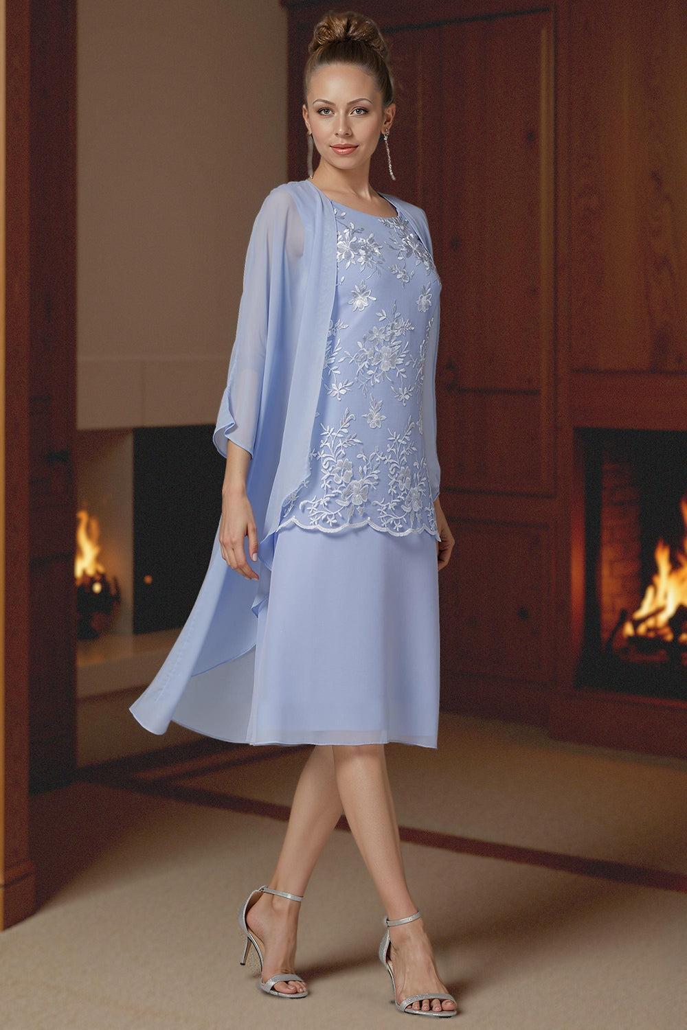 Dreamyannie Light Blue Chiffon Boat Neck Midi 2 Piece Mother Of The Bride Dress With Jacket