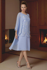 Dreamyannie Light Blue Chiffon Boat Neck Midi 2 Piece Mother Of The Bride Dress With Jacket