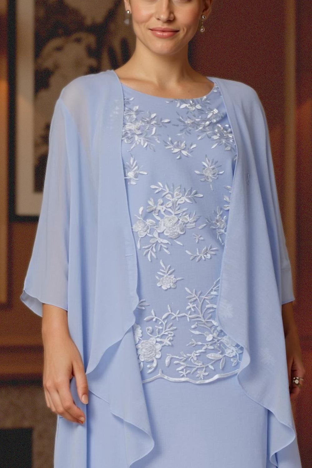 Dreamyannie Light Blue Chiffon Boat Neck Midi 2 Piece Mother Of The Bride Dress With Jacket