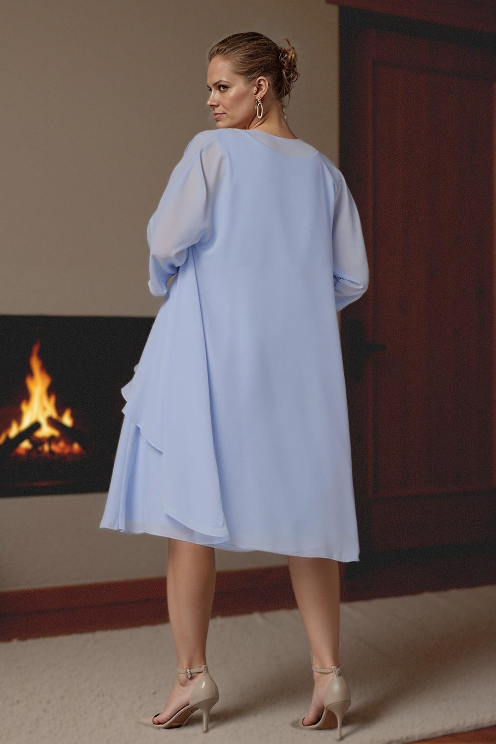 Dreamyannie Light Blue Chiffon Boat Neck Midi 2 Piece Mother Of The Bride Dress With Jacket