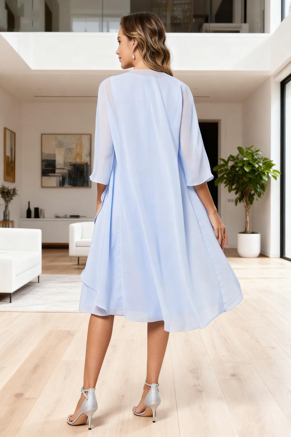 Dreamyannie Light Blue Chiffon Boat Neck Tea Length 2 Piece Mother Of The Bride Dress With Jacket
