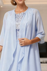 Dreamyannie Light Blue Chiffon Boat Neck Tea Length 2 Piece Mother Of The Bride Dress With Jacket
