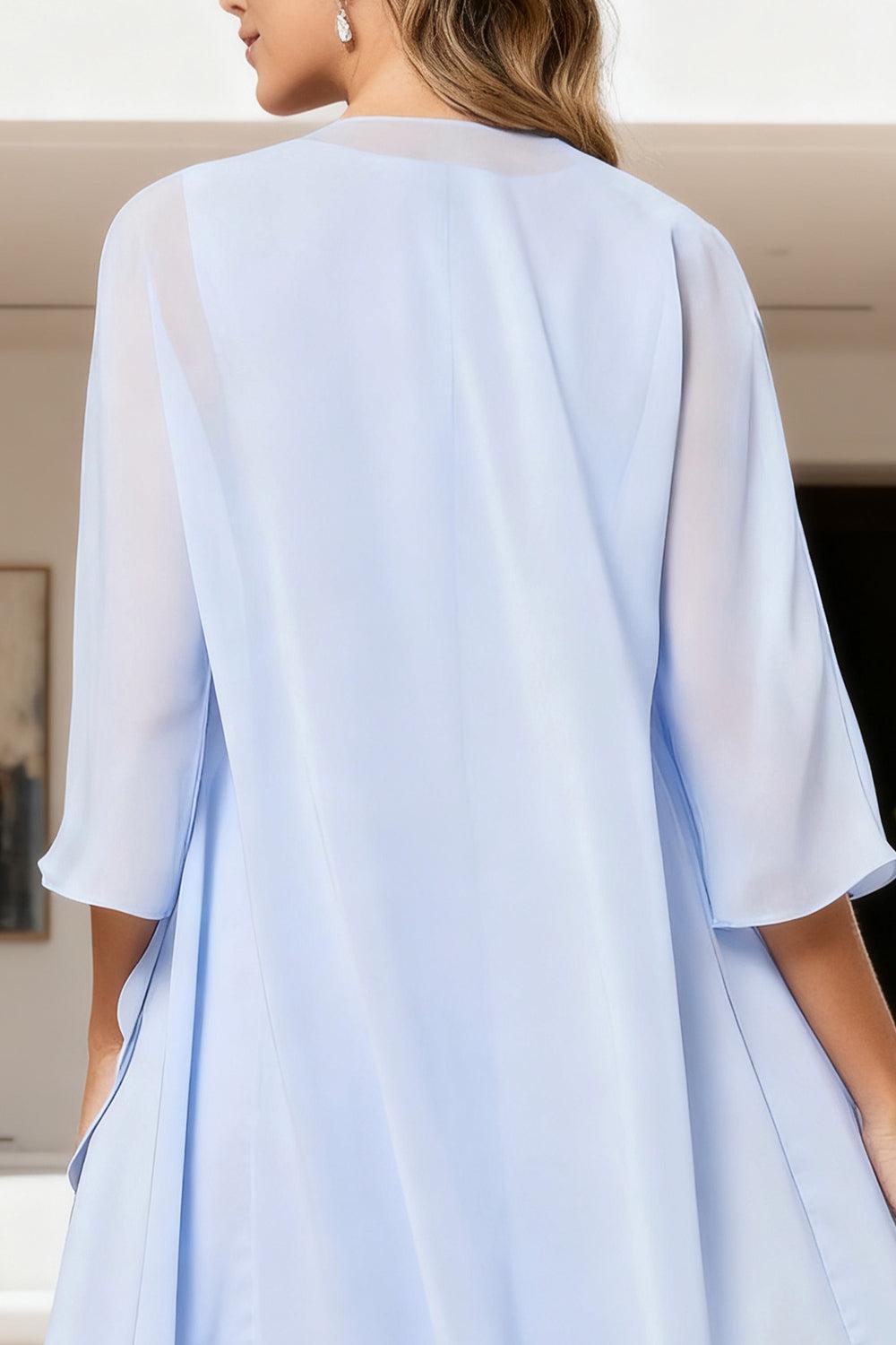 Dreamyannie Light Blue Chiffon Boat Neck Tea Length 2 Piece Mother Of The Bride Dress With Jacket