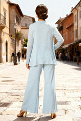 Dreamyannie Light Blue Chiffon Floral 3 Piece Mother Of The Bride Pant Suits With Jacket