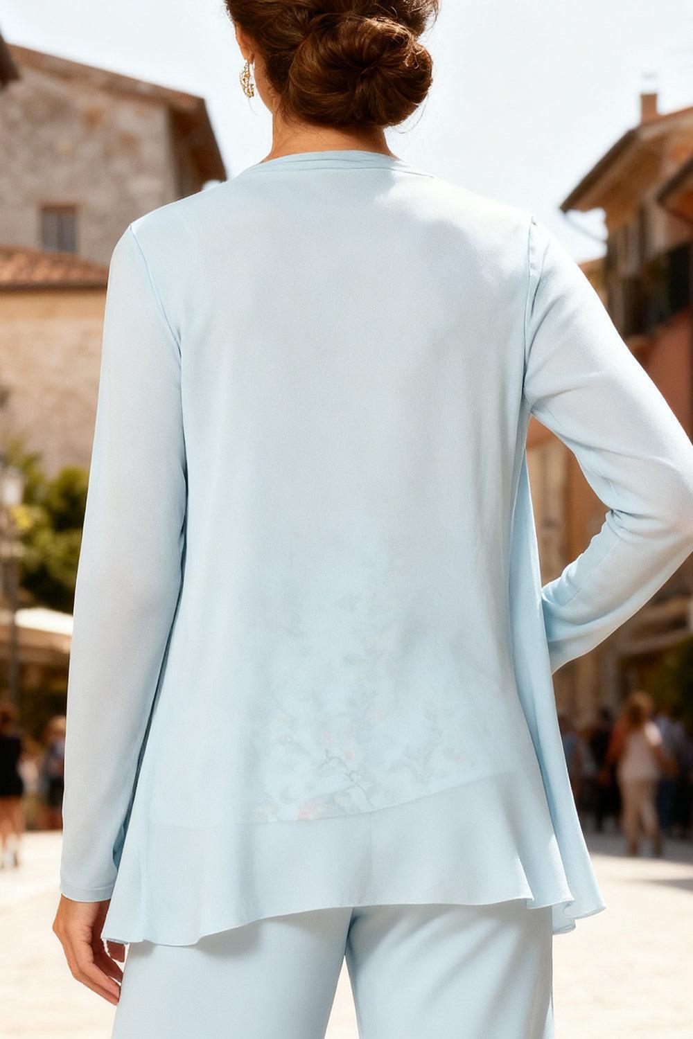 Dreamyannie Light Blue Chiffon Floral 3 Piece Mother Of The Bride Pant Suits With Jacket