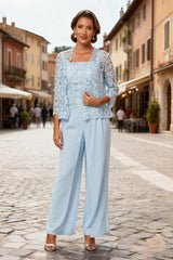 Dreamyannie Light Blue Chiffon Square Neck 3 Piece Mother Of The Bride Pant Suits With Jacket
