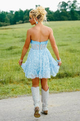 Dreamyannie Light Blue Homecoming Dresses Lace Short Corset Cocktail Dresses With Bow