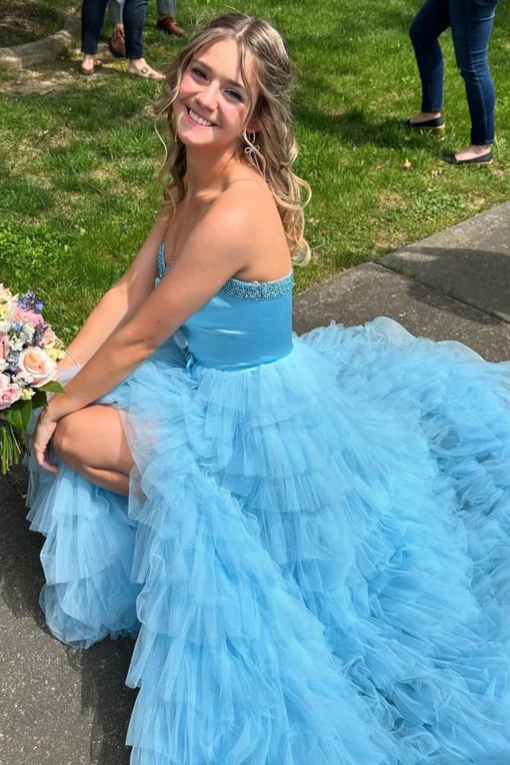 Dreamyannie Light Blue Prom Dress A-Line Ruffled Long Formal Dress With Slit