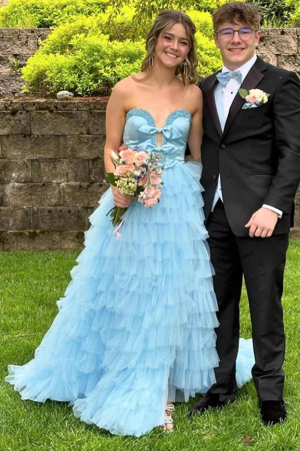 Dreamyannie Light Blue Prom Dress A-Line Ruffled Long Formal Dress With Slit