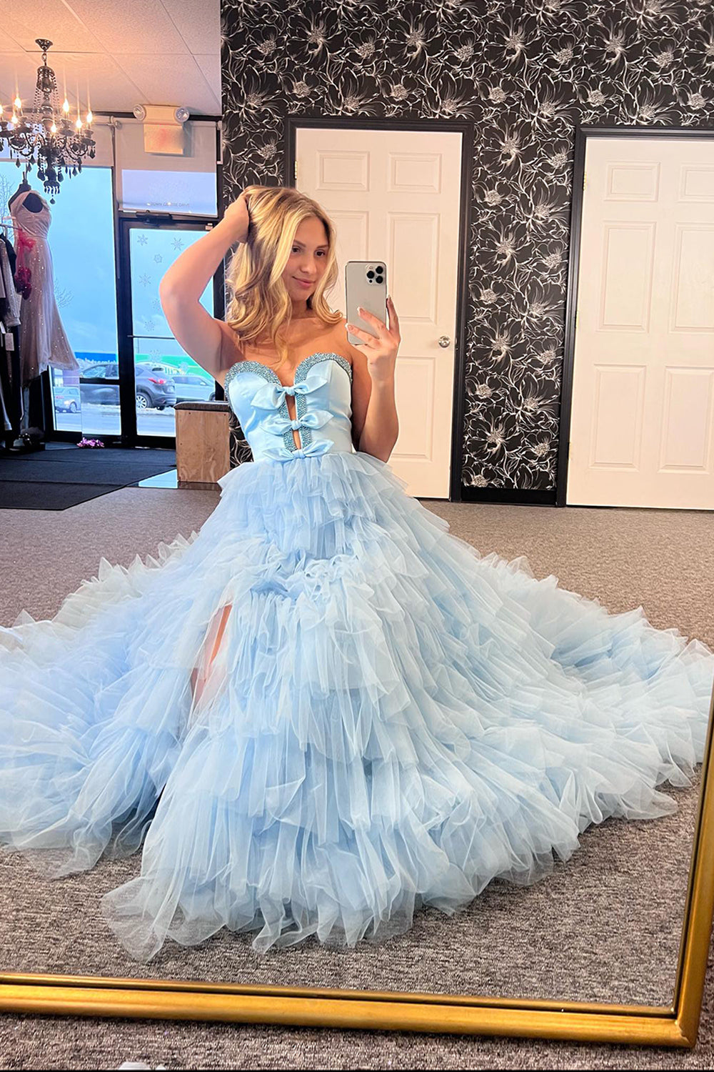 Dreamyannie Light Blue Prom Dress A-Line Ruffled Long Formal Dress With Slit