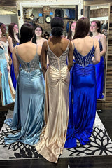 Dreamyannie Light Blue Prom Dress Corset Beaded Side Cape Formal Dress With Slit