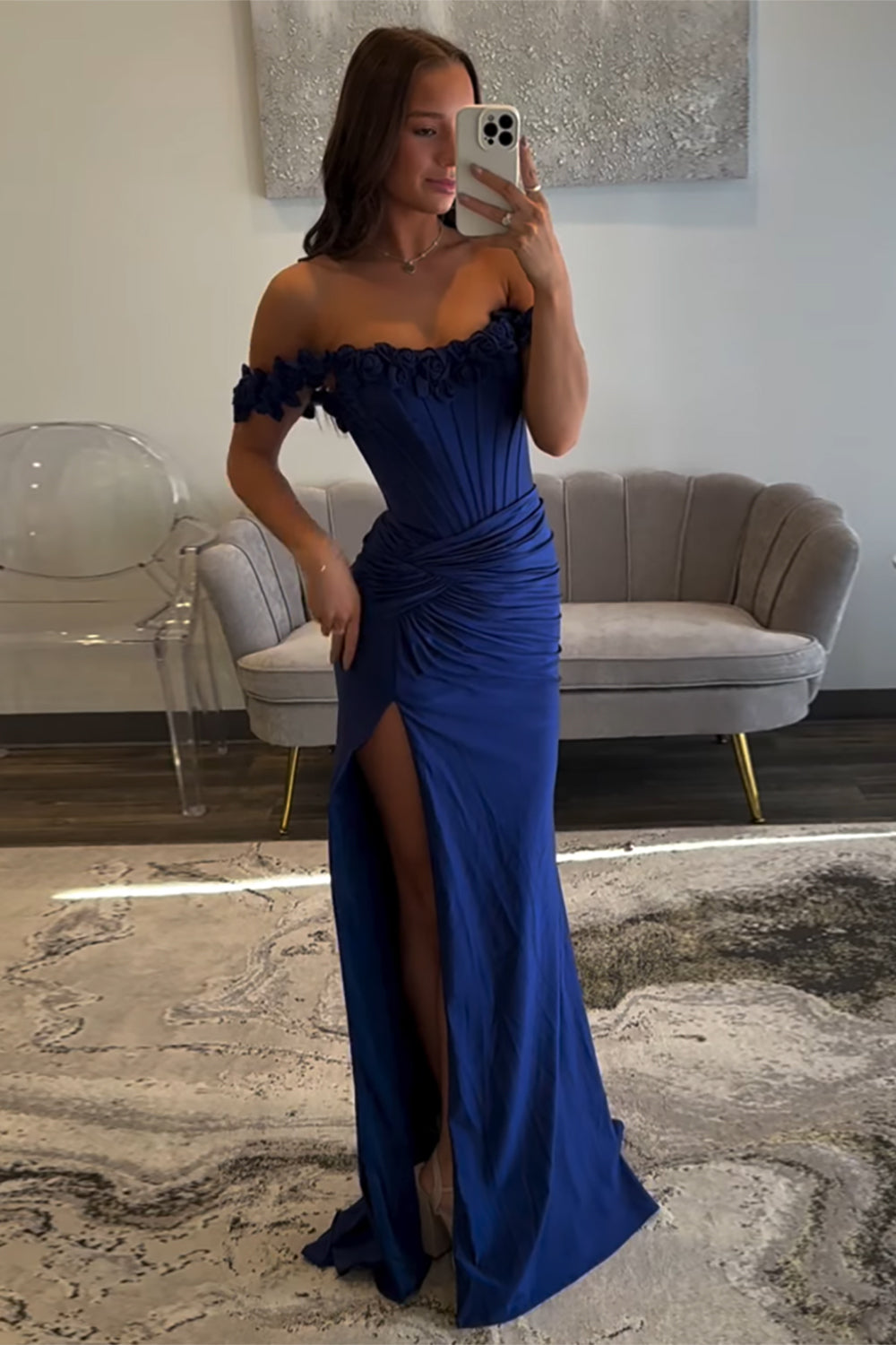 Dreamyannie Light Blue Prom Dress Off The Shoulder Corset Mermaid Long Formal Dress With Slit