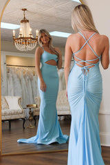 Dreamyannie Light Blue Prom Dress Satin Spaghetti Straps Cut Out Long Formal Dress