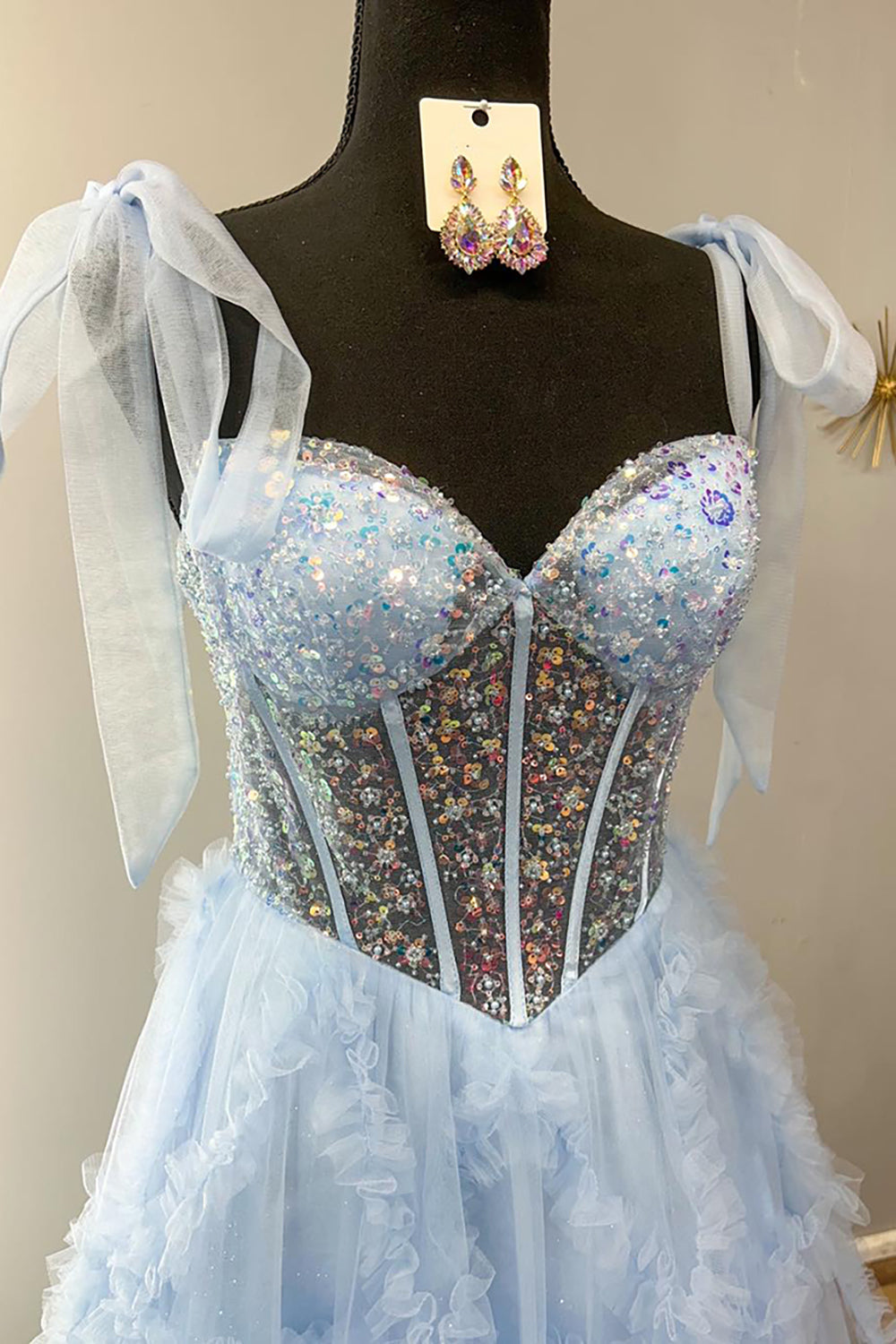 Dreamyannie Light Blue Prom Dress Sequined A-Line Tie-Strap Long Formal Dress