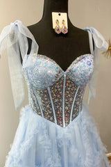 Dreamyannie Light Blue Prom Dress Sequined A-Line Tie-Strap Long Formal Dress