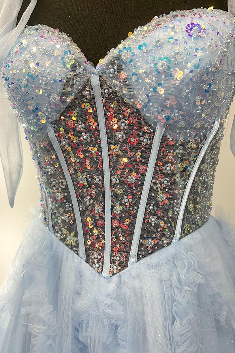 Dreamyannie Light Blue Prom Dress Sequined A-Line Tie-Strap Long Formal Dress