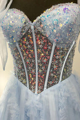 Dreamyannie Light Blue Prom Dress Sequined A-Line Tie-Strap Long Formal Dress