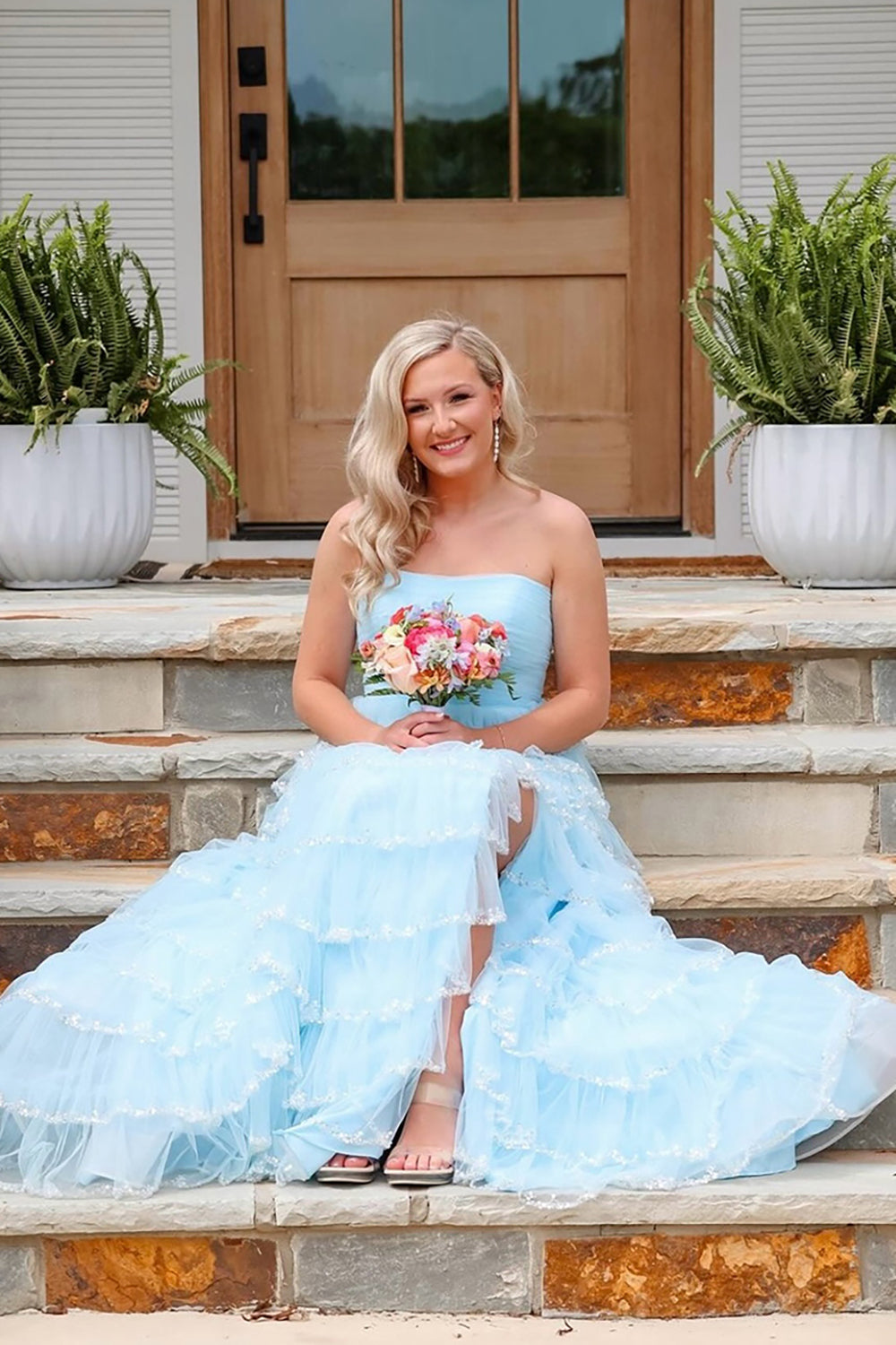 Dreamyannie Light Blue Prom Dress Strapless Ruffled Long Formal Dress With Slit