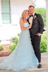 Dreamyannie Light Blue Prom Dress Strapless Ruffled Long Formal Dress With Slit