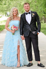 Dreamyannie Light Blue Prom Dress Strapless Ruffled Long Formal Dress With Slit