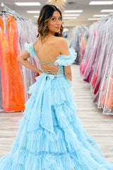Dreamyannie Light Blue Prom Dress Tulle A-Line Off The Shoulder Long Formal Dress With Slit
