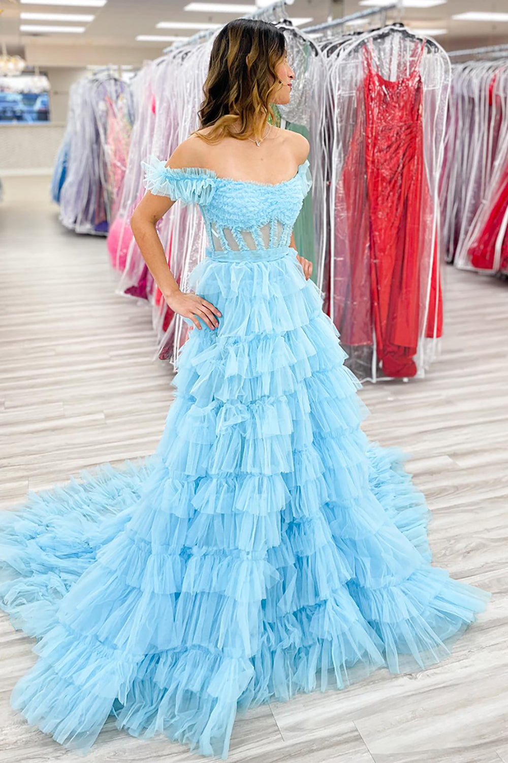 Dreamyannie Light Blue Prom Dress Tulle A-Line Off The Shoulder Long Formal Dress With Slit