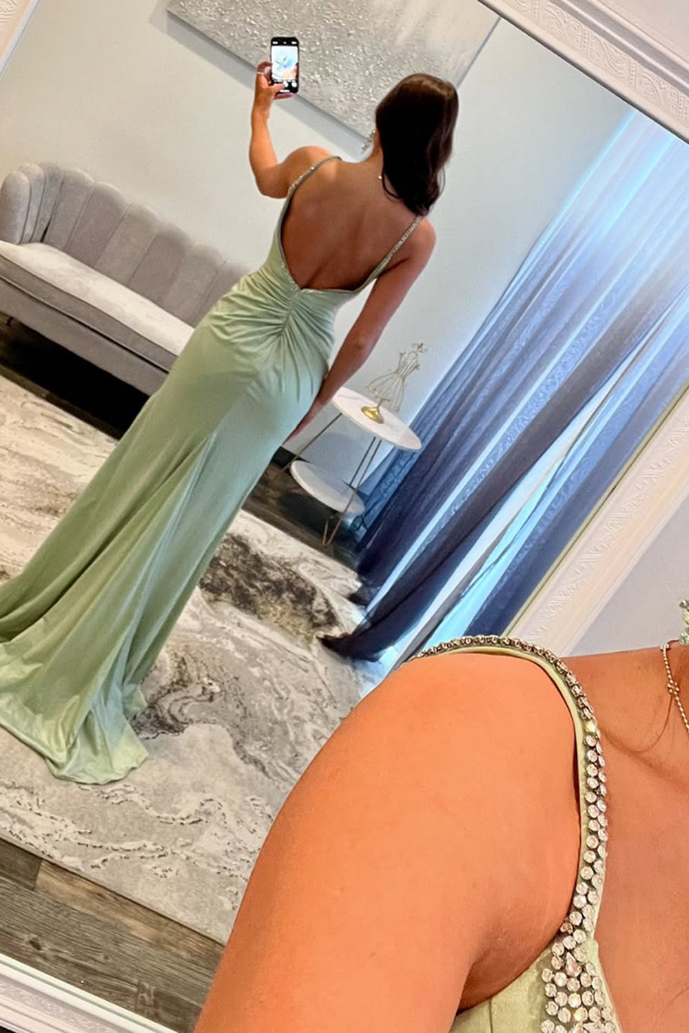Dreamyannie Light Green Prom Dress Beaded Spaghetti Straps Formal Dress With Slit