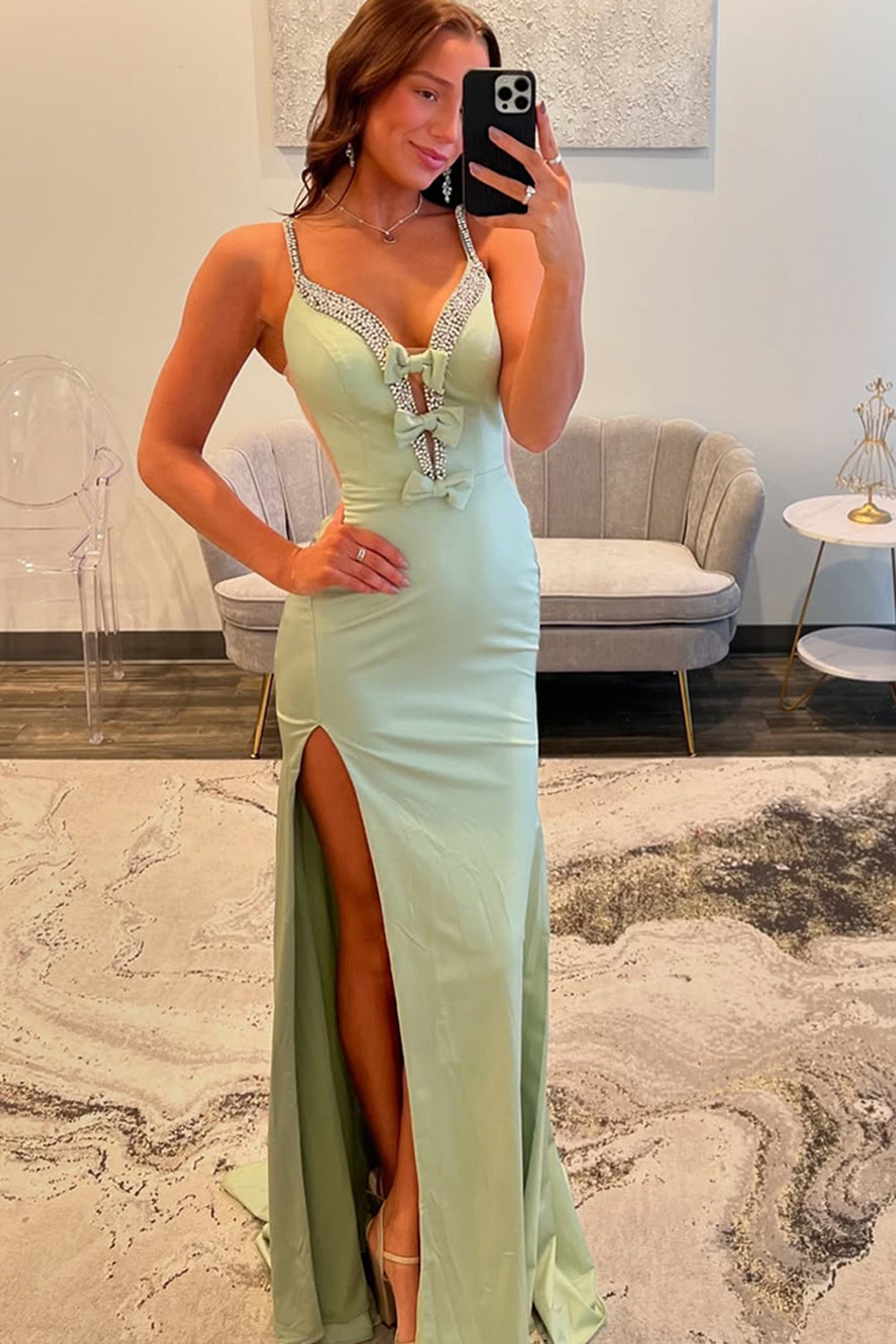 Dreamyannie Light Green Prom Dress Beaded Spaghetti Straps Formal Dress With Slit
