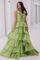 Dreamyannie Light Green Prom Dress Ruffled Halter Chiffon A Line Formal Dress