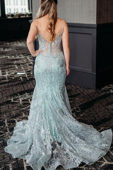 Dreamyannie Light Green Prom Dress V-Neck Mermaid Tulle Formal Dress