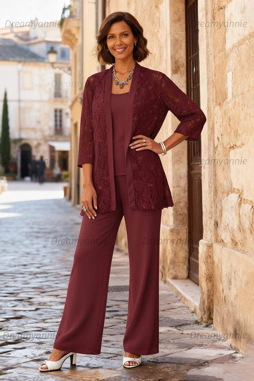 Dreamyannie Light Grey Chiffon Round Neck 3 Piece Mother Of The Bride Pant Suits With Jacket