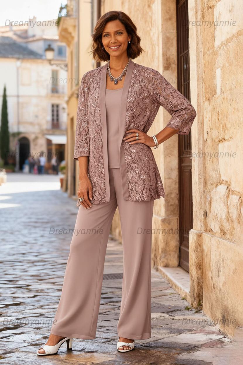 Dreamyannie Light Grey Chiffon Round Neck 3 Piece Mother Of The Bride Pant Suits With Jacket